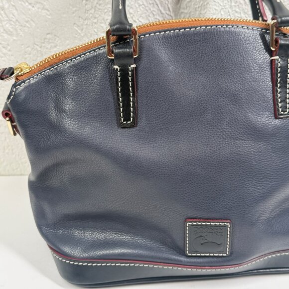 Dooney & Bourke Pebble Grain Satchel Navy Blue Leather Black Red Trim Zip - Picture 3 of 9